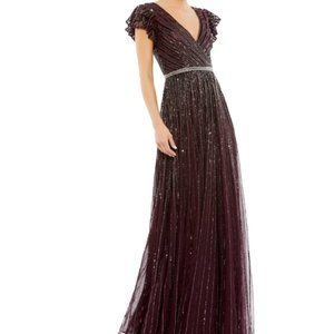 MAC DUGGAL BEADED CAP SLEEVE TULLE A-LINE BLACKBERRY GOWN sz 16